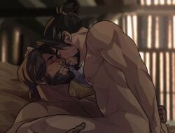 2boys anal arm_tattoo beard black_hair brown_hair cassidy_(overwatch) chest_hair closed_eyes cole_cassidy commentary english_commentary facial_hair hanzo hanzo_(overwatch) hanzo_shimada imminent_kiss indoors male_focus multiple_boys nude overwatch parted_hair parted_lips pectorals sex tattoo thedamnthinguy toned toned_male yaoi