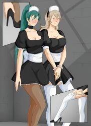 2girls breasts breasts corrin_(fire_emblem)_(female) female_only green_hair high_heels high_thighs hypnosis lyn_(fire_emblem) lyndis_(fire_emblem) maid maid_outfit maid_uniform maids oo_sebastian_oo skirt two_girls white_hair