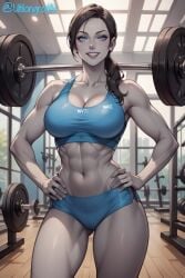 1girls ai_generated blue_eyes eye_contact female female_only grey_skin gym hands_on_hips smiling_at_viewer solo sports_bra sports_panties ultilongrod wii_fit wii_fit_trainer wii_fit_trainer_(female)