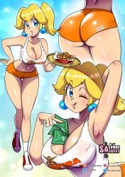 ass ass_focus blonde_hair blue_eyes chicken_wings cleavage crop_top earrings hooters hooters_uniform mario_(series) money money_in_cleavage ponytail princess_peach sasatseng shoes shorts smiling socks super_mario_bros. wink