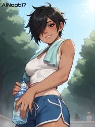 1girls ai_generated ainoob17 dark_hair female freckles original_character public solo solo_female stable_diffusion taina_(original_character) tan_body tanline tomboy