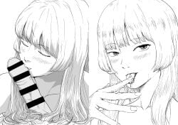 2boys after_fellatio big_penis blowjob censored censored_penis closed_eyes cum erection femboy gay licking_cum licking_penis long_hair looking_at_viewer male_pov monochrome murota_kei okaeri_alice otoko_no_ko post_orgasm yaoi