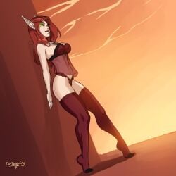 1girls blizzard_entertainment blood_elf dr_graevling elf elf_ears elf_female female female_only glowing_eyes green_eyes leaning_against_wall lingerie long_eyebrows long_hair pointy_ears red_hair red_stockings solo stockings warcraft world_of_warcraft