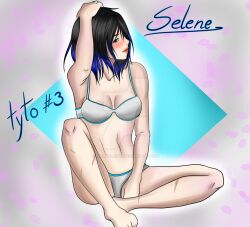 1girls asian black_hair blue_eyes blue_hair blush el_diario_de_jonathan eternallizzy female hand_on_head japanese lips selene_(eddj) short_hair sitting solo solo_female two_tone_hair underwear white_underwear