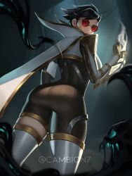 ass ass_focus black_hair glasses league_of_legends red-tinted_eyewear red_glasses sentinel_vayne short_hair solo solo_female sunglasses the_ruined_king_saga thick_ass thick_thighs thighhighs thighs tight_clothing tinted_eyewear vayne viewed_from_behind viewed_from_below