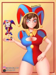 alone blue_eyes breasts brown_hair female female_only jester jester_cap jester_costume jester_girl jester_hat jester_outfit pomni pomni_(the_amazing_digital_circus) provocative red_eyes the_amazing_digital_circus