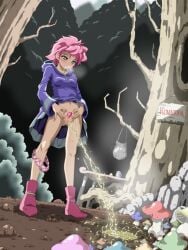 1girls castlage earthbound forest kumatora mother_(series) mother_3 mushroom panties panties_around_leg panties_down peeing peeing_outside pink_hair pussy standing_pee tyao urinating urinating_female urination urine urine_on_ground urine_pool urine_stream