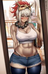 1girls abs accessory balcony bangs bare_arms bare_midriff bare_thighs black_panties blush breasts city cleavage covered_nipples embarrassed facial_mark facial_tattoo female female_only fire_emblem fire_emblem_fates frown grey_hair indoors large_breasts mask midriff mirror mirror_reflection mirror_selfie muscular muscular_female necklace nintendo panties phone pzpana red_eyes rinkah_(fire_emblem) selfie short_hair shorts skindentation smartphone solo tank_top tattoo thick_thighs thighhighs thighs thong underwear