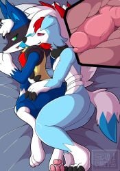 anal anal_sex animal_genitalia animal_penis animated animated_png anthro ass canine_genitalia canine_penis digital_media_(artwork) duo erection fan_character feral fur gay gay_sex generation_4_pokemon generation_7_pokemon genitals hi_res internal knot lucario lycanroc male male/male male_penetrated male_penetrating male_penetrating_male nintendo open_mouth penetration penis pokemon pokemon_(species) sallandril sex short_playtime smile tail tongue