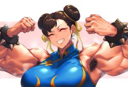 1girls ai_generated alternate_muscle_size angry armpit_fetish armpit_hair armpits arms_up biceps bracelet brown_hair chinese_clothes chinese_dress chun-li closed_eyes color colored earrings eyes female female_armpit_hair female_focus female_only flexing flexing_bicep forced_smile gloopai hair_bun hairy_armpits muscle muscles muscular muscular_female nai_diffusion shoulders smell smile solo solo_focus spiked_bracelet steam steaming_body street_fighter street_fighter_alpha sweat sweatdrop sweating thick_arms