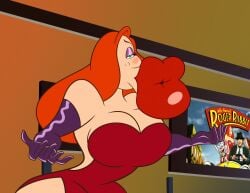 :>= anteater_face big_breasts big_lips cleavage curvy dress eyeshadow gloves huge_breasts hyper_lips jessica_rabbit kissy_face large_breasts lip_expansion lips lips_bigger_than_head puckered_lips purple_gloves red_dress red_hair samperez thick_thighs voluptuous who_framed_roger_rabbit wide_hips