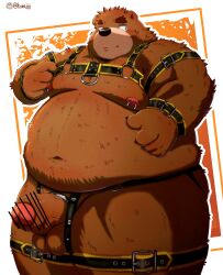 2023 absurd_res anthro balls bear belly big_belly brown_body brown_fur censored fur genitals hi_res humanoid_hands kemono kumajjjj male male_focus male_only mammal moobs navel nipples overweight overweight_male penis solo solo_male