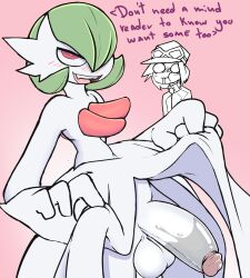 anthro balls blush bodily_fluids calem_(pokemon) cum cum_on_face duo gardevoir generation_3_pokemon genital_fluids genitals hi_res human humanoid humanoid_genitalia humanoid_penis male male/male mammal mega_evolution mega_gardevoir neko3240 nintendo penis pokemon pokemon_(species) text