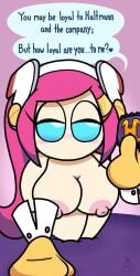 blue_eyes blush condom condom_wrapper dialogue female huge_breasts inbottomdrawer kirby_(series) long_eyelashes looking_at_viewer pink_hair pink_nipples susanna_patrya_haltmann susie_(kirby) talking_to_viewer