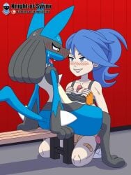 1boy 1boy1girl 1girls animated anthro_on_human bailey_(knight-of-syrinx) blue_eyes blue_hair blush bra clothed clothed_female clothed_female_nude_male cum cum_on_face cumshot female female_on_anthro knight-of-syrinx locker_room lucario male male_pokemon/female_human mp4 naked nintendo no_sound nude nude_male original_character paizuri pokémon_(species) pokemon pokemon_(species) pokephilia pressing_breasts_together sports_bra tagme tank_top titjob video wagging_tail