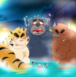 2023 anthro bathing bear belly big_belly black_nose blush bovid bovine brown_body cattle detailed_background erection felid genitals group hi_res japanese_text kemono male male/male mammal moobs night outside overweight overweight_male pantherine penis pink_nose shibatanukiti text tiger tongue tongue_out