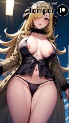 ai_generated big_breasts blonde blonde_female blonde_hair blonde_hair_female blue_eyes cynthia_(pokemon) exhibitionism hair long_hair milf negligee nipples nipples_slip pokemon pokemon_champion stable_diffusion temper_ai text thong