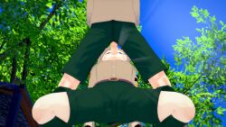 3d balls ballsack behind_view bishonen bishounen blonde_hair blowjob camp_buddy clothed duo face_fucking gay head_grab hi_res high_resolution highres hunter_springfield kghgk male male/male male_only oral oral_sex outdoor_sex public public_sex purple_hair shorts yaoi yoichi_yukimura