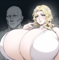 1boy 1girls 2d ai_generated aphrodite_(shuumatsu_no_valkyrie) big_breasts black_background blonde_hair blue_eyes cleavage clothed color female female_focus grey-skinned_male grey_skin hair_ornament huge_breasts hyper_breasts light-skinned_female light_skin milfsexyrp open_mouth record_of_ragnarok shuumatsu_no_valkyrie simple_background