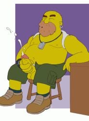 balls beard clothed cum cumshot ear_piercing eyebrows fat_man grizzly_shawn male male_only masturbation penis santo_(artist) solo solo_male the_simpsons yellow_balls yellow_penis yellow_skin