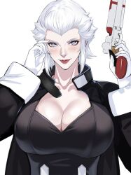 1girls cleavage female final_fantasy_xiv gloves gun jamjam large_breasts light-skinned_female light_blue_eyes lipstick looking_at_viewer merlwyb_bloefhiswyn pale-skinned_female pale_skin roegadyn short_hair smiling white_hair