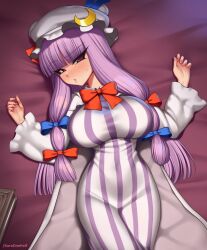 bangs bed bedroom big_breasts blush blush_lines blushing_at_viewer book bow breasts busty cleavage clothed clothing doll_hat dress fully_clothed headwear huge_breasts human kuroonehalf large_breasts light_skin long_hair looking_at_viewer navel_visible_through_clothes on_bed patchouli_knowledge purple_hair ribbon solo striped_clothing thick_thighs touhou wide_hips