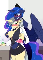 alicorn anthro anthrofied beaker blue_body blue_eyes blue_eyeshadow blue_fur blue_hair blue_tail blush bottomwear breast_fondling breast_play breasts clothing coat crown equid equine eyeshadow eyewear female female/female fondling friendship_is_magic fur glasses green_eyes grey_hair hair hand_in_another's_skirt hand_in_skirt hand_on_breast hasbro headgear hi_res holding_object horn lab_coat laboratory_equipment laboratory_glassware makeup mammal mercury_shine my_little_pony ponytail princess_luna_(mlp) redxbacon scientific_instrument skirt sparkles tail tiara topwear wings