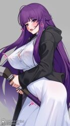 2023 artist_name between_legs between_thighs blush ett fern_(sousou_no_frieren) hi_res light-skinned_female light_skin purple_eyes purple_hair rod sousou_no_frieren