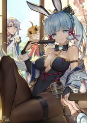 1girls 2boys bare_shoulders blonde_hair blue_eyes blue_hair bunny_ears bunny_girl bunnysuit busty cleavage fan female female_focus genshin_impact hi_res hourglass_figure kamisato_ayaka kamisato_ayato legwear light-skinned_female light_skin long_hair looking_at_viewer male pantyhose pov pov_eye_contact siriuflong smile smiling smiling_at_viewer thick_thighs thighs thoma_(genshin_impact) tight_clothing vision_(genshin_impact) voluptuous voluptuous_female