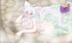 animal_ears bath bathing big_breasts blush curvy fox_girl ghost_girl hair_covering_breasts hot_spring latam_virtual_youtuber light_skin nude_female pink_eyes pookyboo solo_female steam tail virtual_youtuber vtuber vtuberfanart wet wet_hair white_hair youtube_hispanic