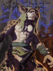 angry anthro baldur's_gate baldur's_gate_3 barnabus_(baldur's_gate_3) bottomwear bottomwear_aside clothing clothing_aside digital_media_(artwork) digital_painting_(artwork) dungeons_and_dragons erection forgotten_realms genitals gnoll hi_res hyena loincloth loincloth_aside male male_only mammal mind_control painterly penis questionable_consent solo solo_focus speech_bubble sydney_onmars tribal_clothing