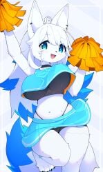 1girls 2023 big_breasts blue_eyes blue_fur blue_hair blush blush_lines bouncing_breasts breasts cheerleader claws cute_fang dev_voxy devil-vox ear_piercing female female_only fluffy_tail furry furry_only happy huge_breasts looking_at_viewer navel open_mouth pawpads paws pom_poms skirt sportswear sweat tail white_body white_fur white_hair yiff