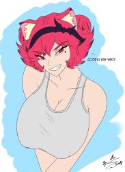 alternative_hairstyle animal_ears big_breasts breasts cleavage flat_colors from_above frown grin headband hot_pink_hair huge_breasts latam_virtual_youtuber light-skinned_female light_skin lunaria_ayaren nipple_bulge shateart short_hair smile solo_female spanish_text tank_top text tomboy v-shaped_eyebrows virtual_youtuber vtuber vtuberfanart youtube_hispanic youtuber_girl