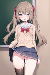 ai_generated blue_eyes blue_skirt blushing covered_breasts cum cum_in_pussy cum_inside exposed_pussy indie_virtual_youtuber leaking_cum lifting_skirt light_brown_hair long_hair miniskirt neuro-sama pixai virtual_youtuber