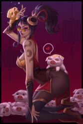 1girls ass female female_only firecracker_vayne glasses high_heels kneeling league_of_legends legs lunar_new_year lunar_revel_series orange-tinted_eyewear ponytail red_lipstick red_nails solo solo_female stockings sunglasses tattoo thighs tinted_eyewear twerking vayne