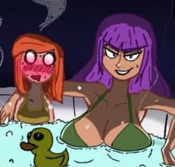 2girls archer_queen_(clash_of_clans) archer_queen_(clash_royale) bikini bikini_top blush blushing clash_(series) clash_of_clans clash_royale drool drooling hot_tub large_breasts larger_female looking_at_viewer mouth_open tagme villager_(clash_of_clans)