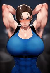 abs ai_generated angry arm_behind_head armpit_fetish armpit_hair armpits arms_up biceps big_breasts blue_eyes blush breasts brown_hair clothing female_armpit_hair gloopai hairy_armpits jill_valentine muscular muscular_female nai_diffusion resident_evil resident_evil_3 smelly_armpits solo_female solo_focus solosweat steam steaming_body sweatdrop sweating