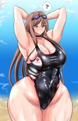 1girls armpits ass beach big_ass big_breasts big_thighs breasts brown_hair gigantic_ass gigantic_breasts gigantic_thighs goddess_of_victory:_nikke hands_behind_head huge_ass huge_breasts huge_thighs long_hair looking_at_viewer original rapi_(classic_vacation)_(nikke) rapi_(nikke) red_eyes sweat sweatdrop sweating swimsuit thick_hips thick_thighs thighs wet wet_body yasumon