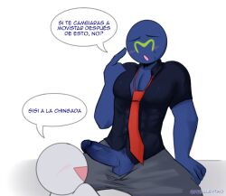 artist_name balls blue_body blue_skin blush erection esa_perra_mmada_q_wey humanoid male meme movistar muscular muscular_male penis petalleytwo shirt spanish_text stickman text watermark