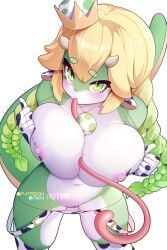 animal_humanoid animal_print animal_print_bikini anthro bikini blonde_hair blush breasts clothing cow_print cow_print_bikini female green_body green_eyes hair hi_res hotvr humanoid long_tongue looking_at_viewer mario_(series) new_super_mario_bros._u_deluxe nintendo nipples pattern_bikini pattern_clothing pattern_swimwear solo super_crown swimwear tail tongue yoshette yoshi