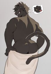 2023 absurd_res anthro ass biped digital_drawing_(artwork) digital_media_(artwork) facial_piercing felid feline fur hair hi_res looking_at_viewer looking_back male mammal moonelmalito muscular muscular_anthro muscular_male nose_piercing piercing rear_view simple_background solo tail towel