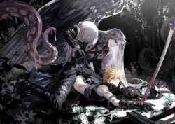 2boys anal anal_sex arm_armor armor bar_censor belt black_coat black_footwear black_gloves black_pants black_wings blonde_hair blood blood_on_arm blood_on_back blood_on_ground blood_on_weapon blue_eyes blush boots bottomless censored chain_leash chains chest_strap cloud_strife coat collar commentary_request cum doggy_style feathered_wings final_fantasy final_fantasy_vii foliage forest gay gay_sex gloves green_eyes grey_hair hand_on_another's_chin high_collar highres holding holding_leash impaled injury katana knee_boots kneeling leaf leash long_hair long_sleeves lying male/male male_focus moyna multiple_boys nature night on_ground on_stomach outdoors pants parted_lips pauldrons penis plant planted planted_sword rape restrained sephiroth sex sex_from_behind shirt shirt_rolled_up short_hair shoulder_armor silver_hair single_wing sleeveless smile smirk spiked_hair spiky_hair stab straight_hair sweat sword tentacle tentacles_on_male tree weapon wings yaoi
