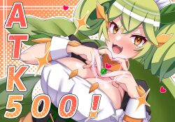 1girls ashikoshi_jakushi blush breasts cleavage dragonmaid_series_(yu-gi-oh!) duel_monster female female_only green_hair green_nails headdress heart_hands huge_breasts light-skinned_female light_skin maid maid_headdress maid_uniform oerba_yun_fang open_mouth parlor_dragonmaid solo uniform wink yellow_eyes yu-gi-oh!