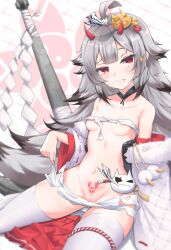 ahoge azur_lane bare_shoulders black_hair blush breasts closed_mouth coat collarbone female fur-trimmed_coat fur_trim gradient_hair grey_hair hair_ornament heart heart-shaped_pupils hibiki_(azur_lane) highres horns long_hair looking_at_viewer multicolored_hair navel oerba_yun_fang off_shoulder open_clothes open_coat otakummm pleated_skirt pubic_tattoo pussy pussy_peek red_hair red_horns red_skirt sakura_empire_(emblem) sarashi skirt small_breasts solo stomach symbol-shaped_pupils tattoo thighhighs torn_clothes very_long_hair white_coat white_thighhighs