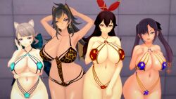 3d amber_(genshin_impact) bikini breasts codeyumi dehya_(genshin_impact) genshin_impact lynette_(genshin_impact) mona_(genshin_impact) thick_thighs