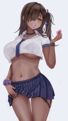 1girls 462vvv ass_visible_through_thighs biting black_hair black_nails blue_skirt breasts choker collarbone condom condom_in_mouth condom_wrapper cowboy_shot crop_top dark-skinned_female dark_skin goddess_of_victory:_nikke grin gyaru hair_ornament hair_over_one_eye hi_res holding_object large_breasts lifted_by_self long_hair looking_at_viewer naga_(nikke) nail_polish navel necktie no_bra no_panties school_uniform side_ponytail simple_background skirt skirt_lift smile solo solo_female stomach teeth thigh_strap thighs underboob white_background white_shirt wristband yellow_eyes