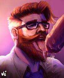 bara battle_academia_series battle_professor_graves beard big_penis blue_eyes cock cum cum_in_mouth fellatio gay glasses huge_cock implied_oral league_of_legends malcolm_graves male male_focus mature_male open_mouth oral oral_sex orange_hair penis pleasure_face teacher tongue tongue_out unknown_source yaoi