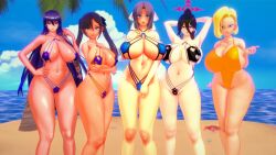 akiyama_rinko android_18 bikini blue_archive breasts codeyumi dragon_ball genshin_impact hasumi_(blue_archive) mona_(genshin_impact) senran_kagura taimanin_(series) thick_thighs yumi_(senran_kagura)