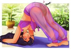 1girls beli_lapran big_breasts blush breasts bunnymin cleavage dark-skinned_female dark_skin diaper female huniepop messy_diaper one_eye_closed scat soiling stink_lines yoga yoga_pose