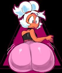 1boy ass big_ass black_eyes bulluppa choker demon demon_boy femboy girly hair helluva_boss huge_ass humanoid imp male male_only moxxie_(helluva_boss) moxxine_(helluva_boss) red_body red_skin thick_thighs twerking twintails white_hair wide_hips yoga_pants